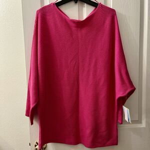 CeCe Women’s Sweater Large Hot Pink Boat Neck Batwing Ribbed Cotton Blend Knit
